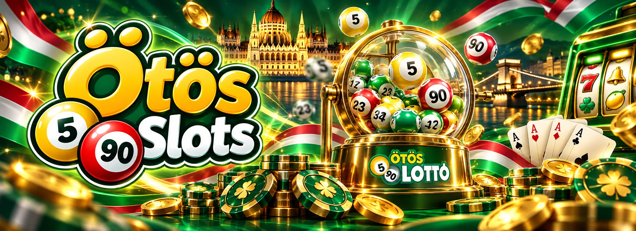 Ötös Slots üdvözlő bónusz banner 5-ös és 90-es lottógolyóval